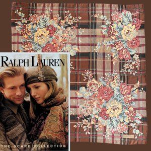 Authentic Ralph Lauren 100% Silk Scarf Floral Motif on Plaid Vintage Collectible